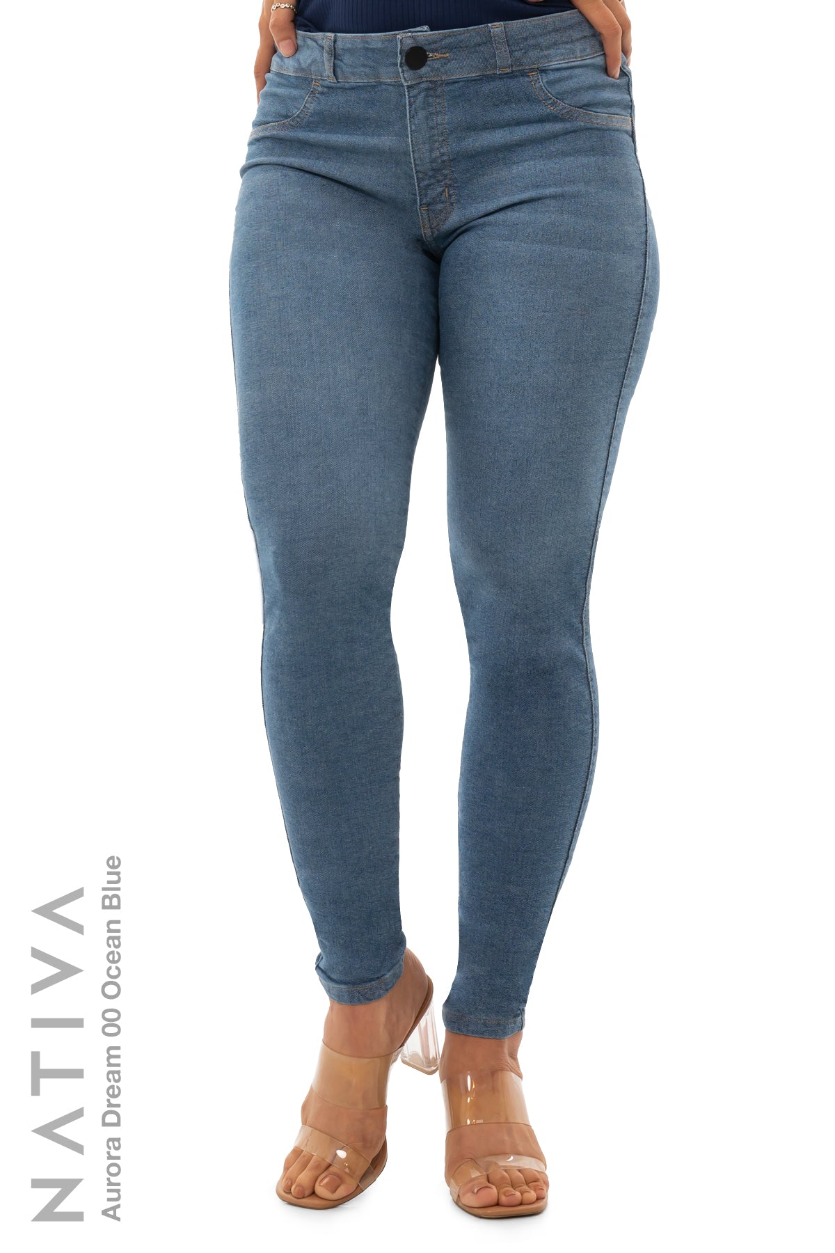 NATIVA, STRETCH JEANS. AURORA DREAM 00 OCEAN BLUE, High Shaping Capacity,  Ultra Comfy, 24-Hour Wear, Mid-Waisted Super Skinny Jeans